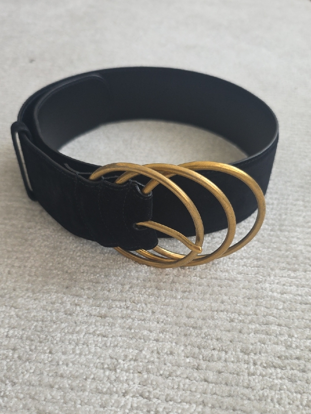 Yves Saint Laurent Black Suede Belt with Triple Gold Rings
